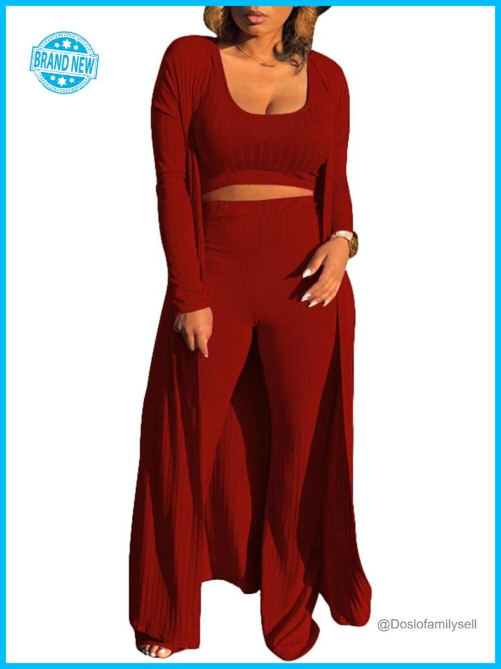 Women's 3 Piece Knitted Tracksuit Set Long Sleeve Blazer Coat Crop Top Wide Leg